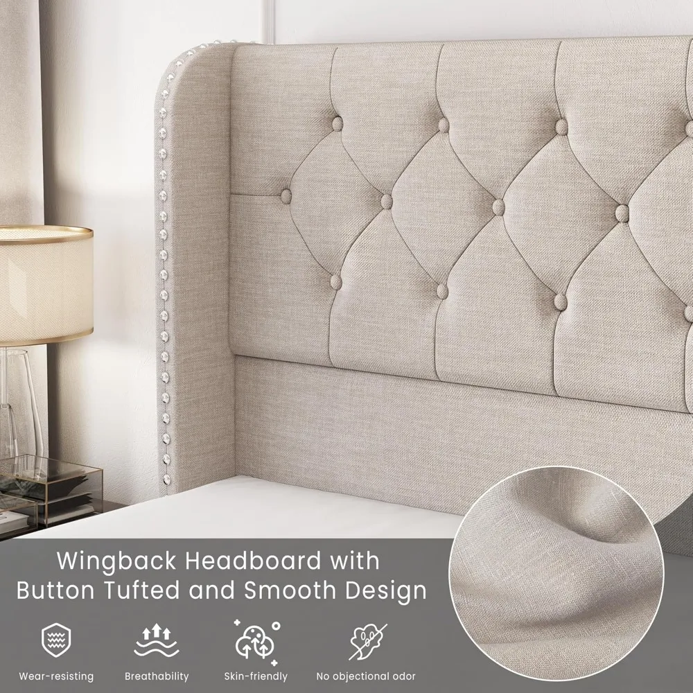 Кровати большого размера с 4 ящиками для хранения и ворсовым изголовьем льняная