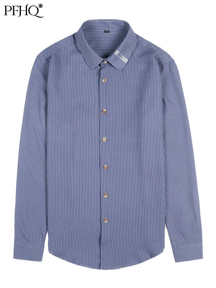 

PFHQ Neckline Ribbon Decoration Men's Striped Shirt Slim Business Casual Fashion Long Sleeves Male Luxury Social Blouses 21Q1144
