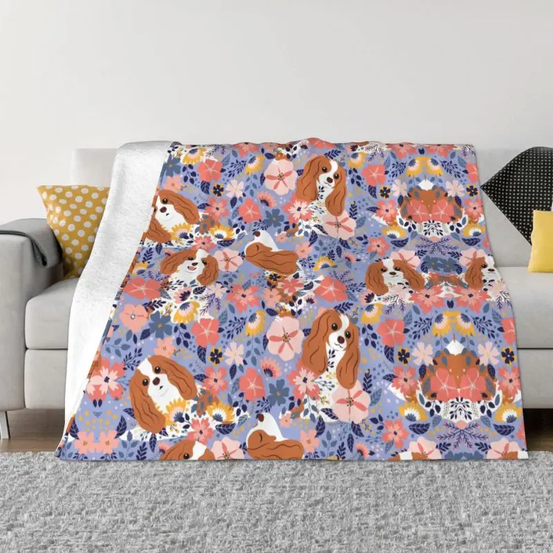 

Black White Charles Spaniel Dog Fleece Throw Blanket Flannel Playing At Night In A Garden Blankets Bedding Quilt Cavalier King