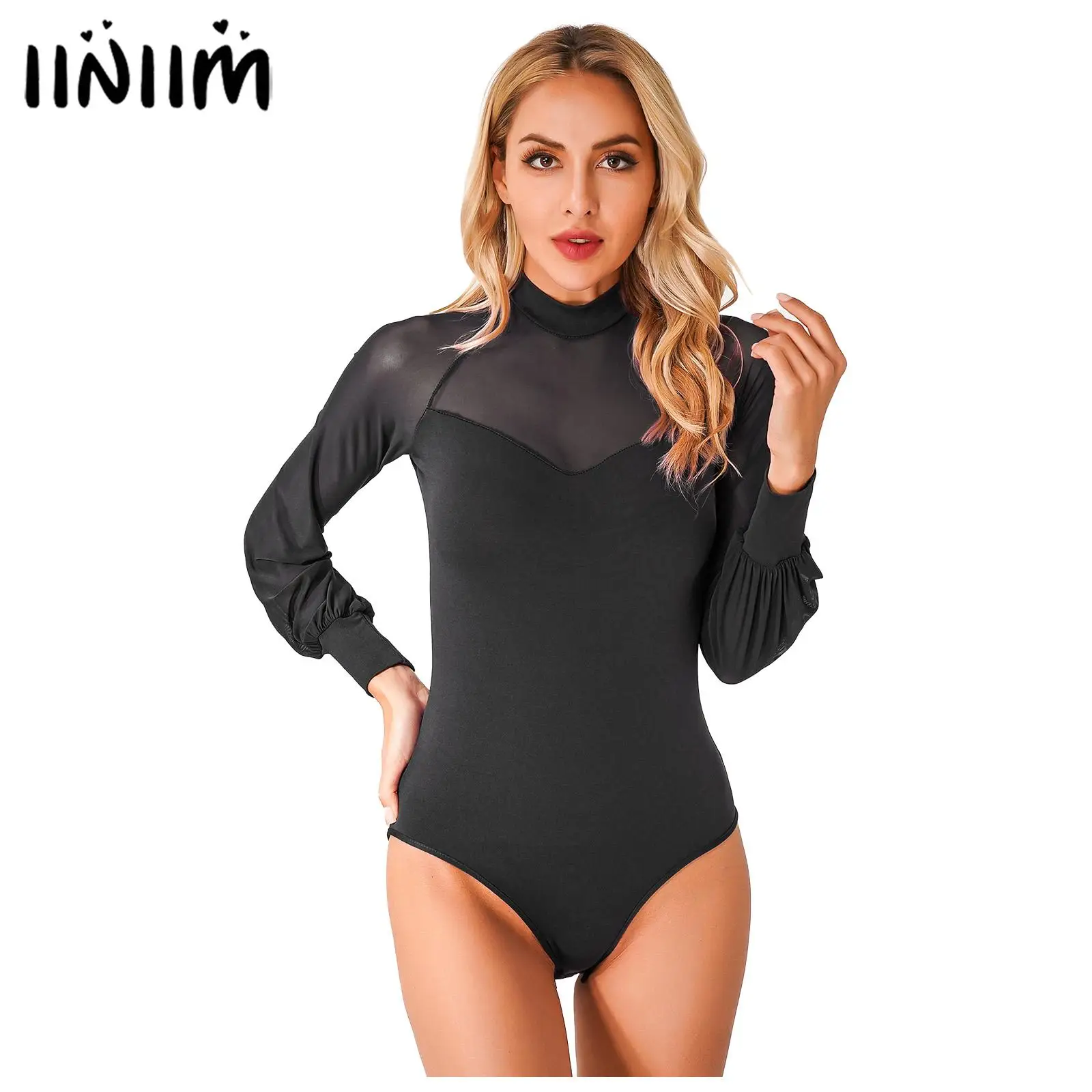 

Womens Latin Ballroom Modern Dance Costume Sheer Mesh Patchwork Leotard Long Sleeve Mock Neck Bodysuit Dancewear