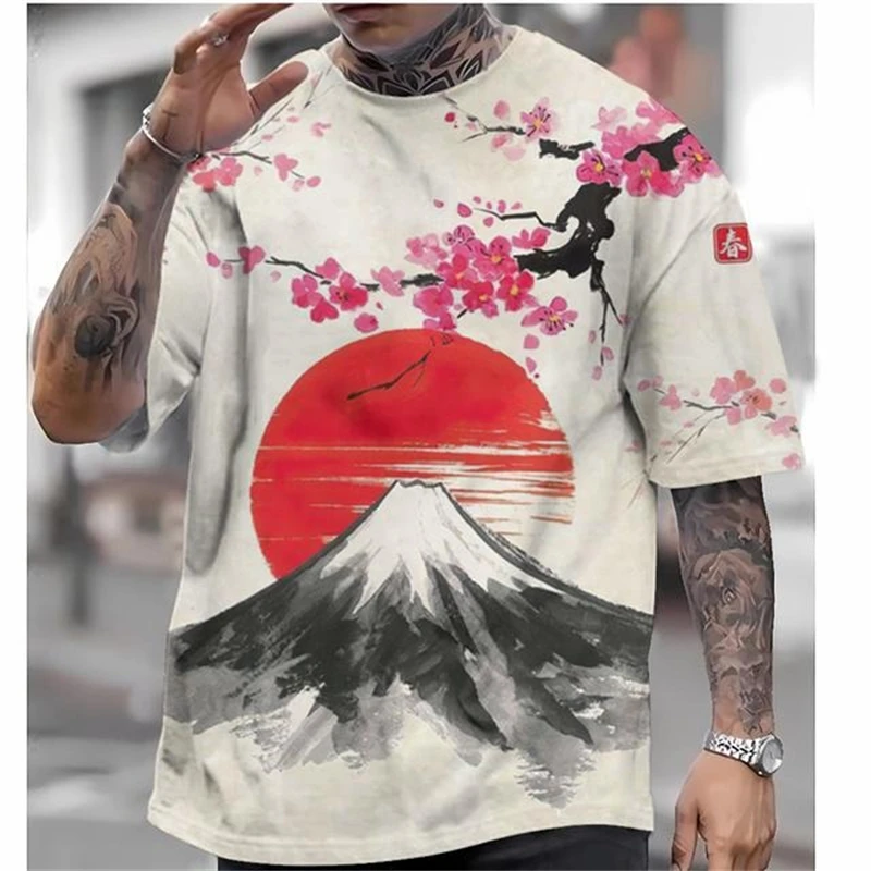 Фото Мужская футболка в японском стиле Ukiyo E Графическая одежда Футболки с короткими рукавами и круглым вырезом Уличная одежда Крутая футболка с 3D принтом Fuji №3