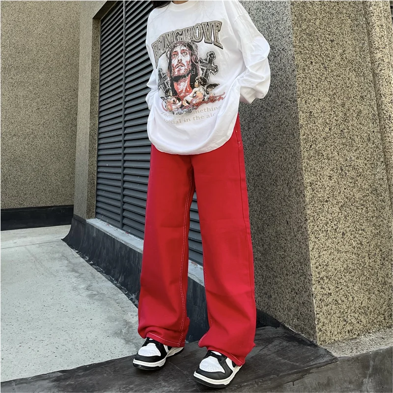 Streetwear Men 2022 Fashion New Pattern Vintage Recreational Red Jeans Loose Straight Cylinder Broad Leg Trousers Autumn Female