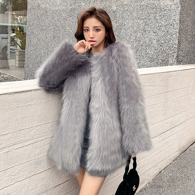 Women's Leather Fur Coat Raccoon Fur Fashionable Fur Coat Women's Mid-Length Faux Fox Faux Fur Coat