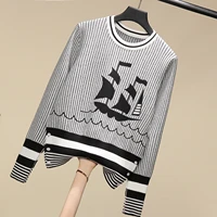 tb knitwear womens autumn and winter new round neck long sleeved striped stitching sailboat jacquard pullover sweater