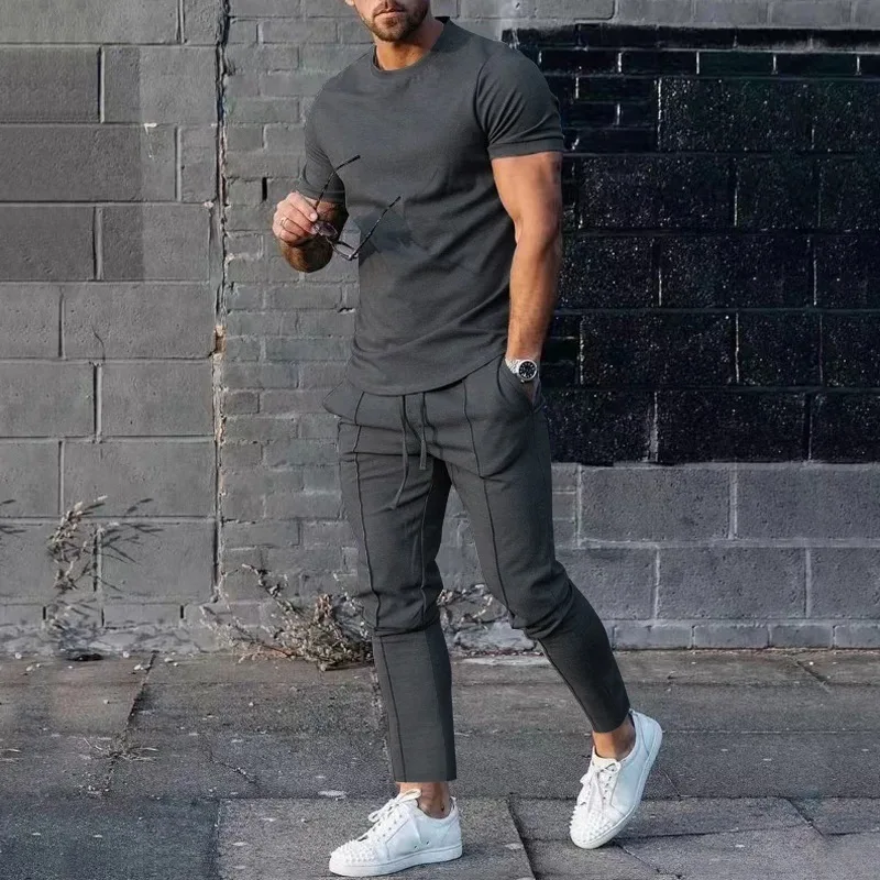 Men's Solid Color Personalized Set Casual Fashion Men's Pants Set Men's Spring/Summer 2023 Two Piece Short Sleeve T-shirt Men