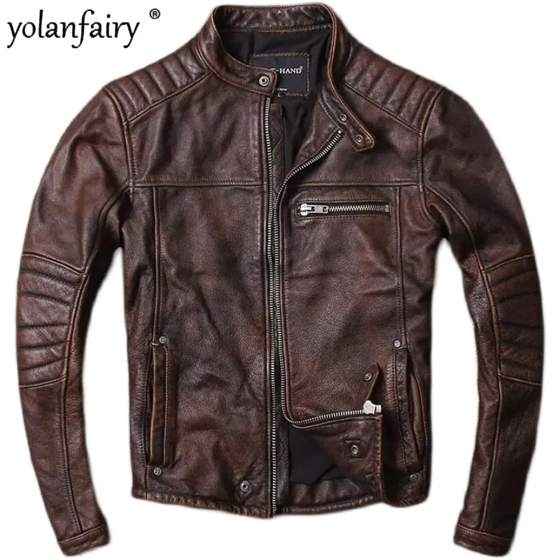 

Real Leather Jacket Men Vintage Motorcycle Biker Pure Cowhide Leather Jackets and Coats for Men Clothing Autumn Coat 5XL FCY2418