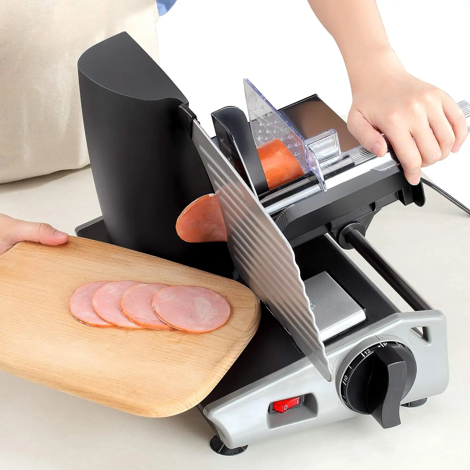 

Slicer, Cuts Meat, Cheese, Bread, Fruit & Vegetables, Adjustable Slice Thickness, Stainless Steel Blade, Safe Non-Slip Feet,