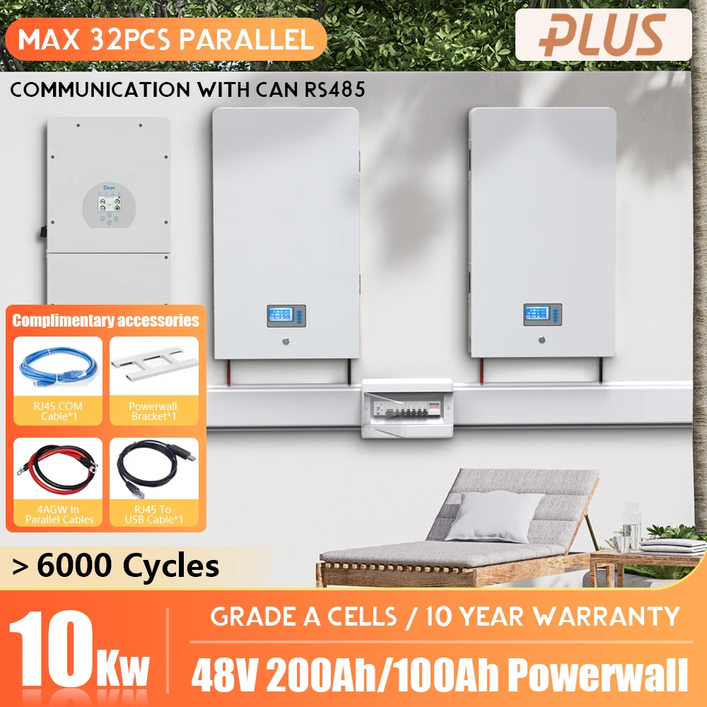 48V Powerwall LiFePO4 Battery 200Ah 10Kw 51.2V 100Ah 5KW Max 32 Parallel With CAN RS485＞6000 Cycles For Solar 10 Year Warranty
