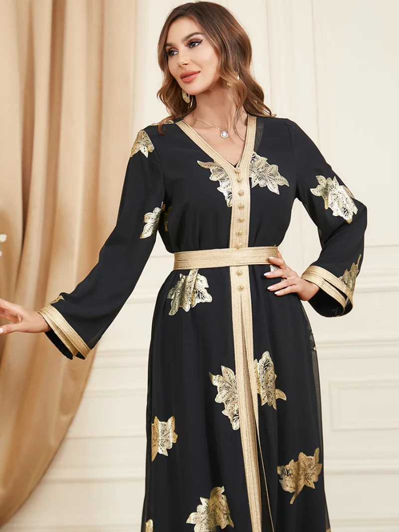 Elegant Casual Women's Dresses Abayas For Women Muslim 2 Pieces Set Printed Lace Tape Belted Kaftan Ramadan Gorgeous Party Style