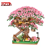 bzda mini sakura tree house blocks japanese street view cherry blossom model building moc house tree bricks toys gifts