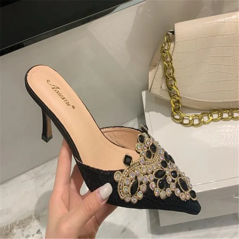 2023 NEW Spring/Autumn Fashion Women Pointed Toe Pumps PU Thin Heels Retro Appliques Mules Polka Dot Party Slip-On Black