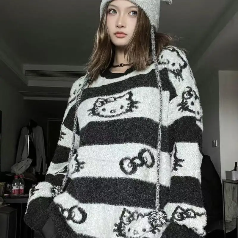 

Anime Sanrio Kawaii Hello Kitty Y2k Sweatshirt Cute Cartoon Plush Knit Sweater Jacket Fall Winter Students Girls Warm Tops Gift