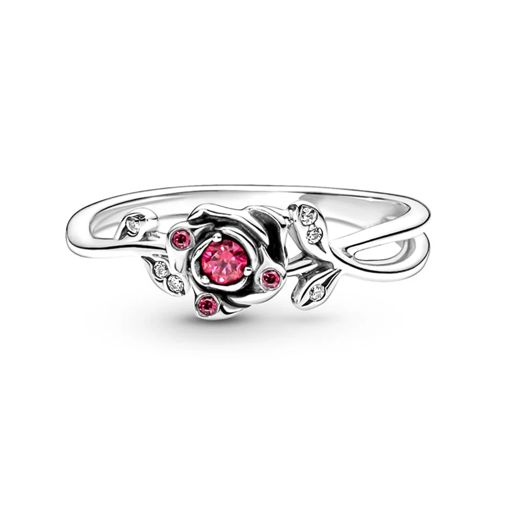 Bague fleur Pandora rouge grenade, bijoux romantiques doux, argent 925, thème beauté et la bête, vintage, pierre précieuse incrustée, rose 2