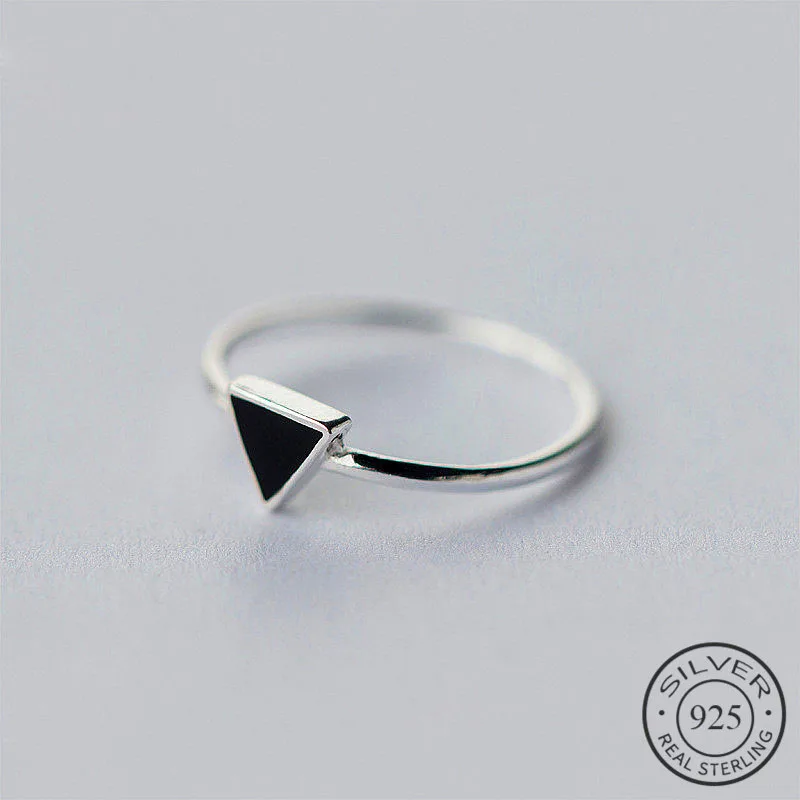 

925 Sterling Silver Geometric Black Enamel Triangle OL Adjustable Ring Minimalist Fine Jewelry For Women Party Gift