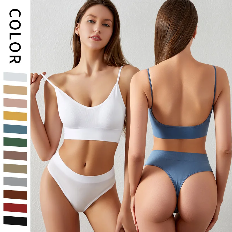 

New Women Seamless Bra Set Sexy Thong Low Waist Panties Wire Free Bra Bralette Lingerie Brassiere Cotton Female Underwear Set