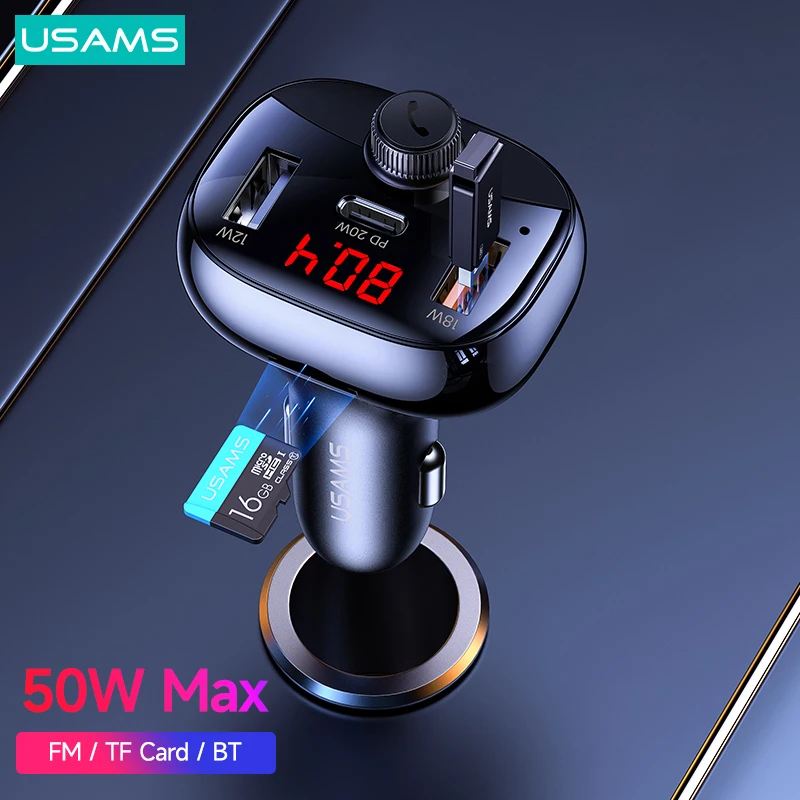 

USAMS 50W Digital Display Car Charger BT5.0 TF Reader FM Modulator Charger For iPhone Xiaomi Huawei Samsung Phone Laptop Tablet