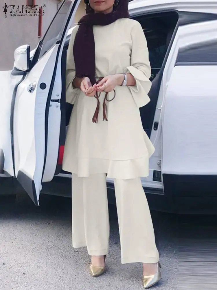 ZANZEA Fashion Work OL Suits Abaya Kaftan Women Lace-Up Solid Muslim Sets O-Neck Flare Sleeve Buttons Blouse And Wide Leg Pants