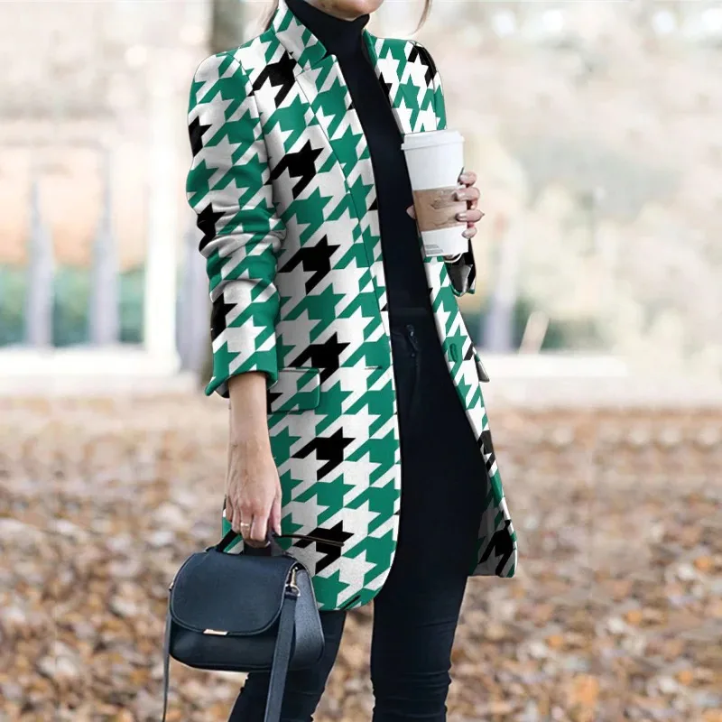 

Куртка женская средней длины на пуговицах, элегантный модный Свободный прямой жакет с принтом и воротником-стойкой, Повседневная Верхняя о...