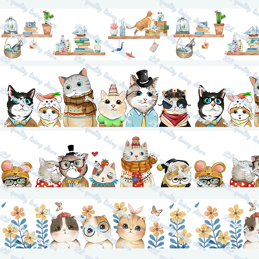 

Cartoon Cat Printed Grosgrain&Satin Fashion Ribbon Handmade Crafts Woven Brand Labels Gift Packaging 50 Yards