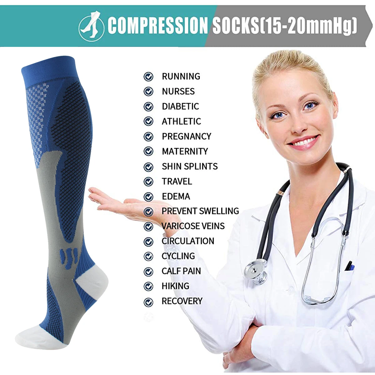 Men and Women Compression Stocking 15-20 Mmhg Football Running Sports Socks Medical Nursing Cycling Pressure Long Tube Men Socks