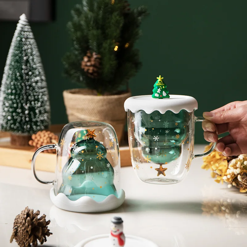 300ml Christmas Wish Glass Cup with Lid Double Layer Glass Cute Coffee Mug Cartoon Christmas Tree Star Water Cup Shot Glass