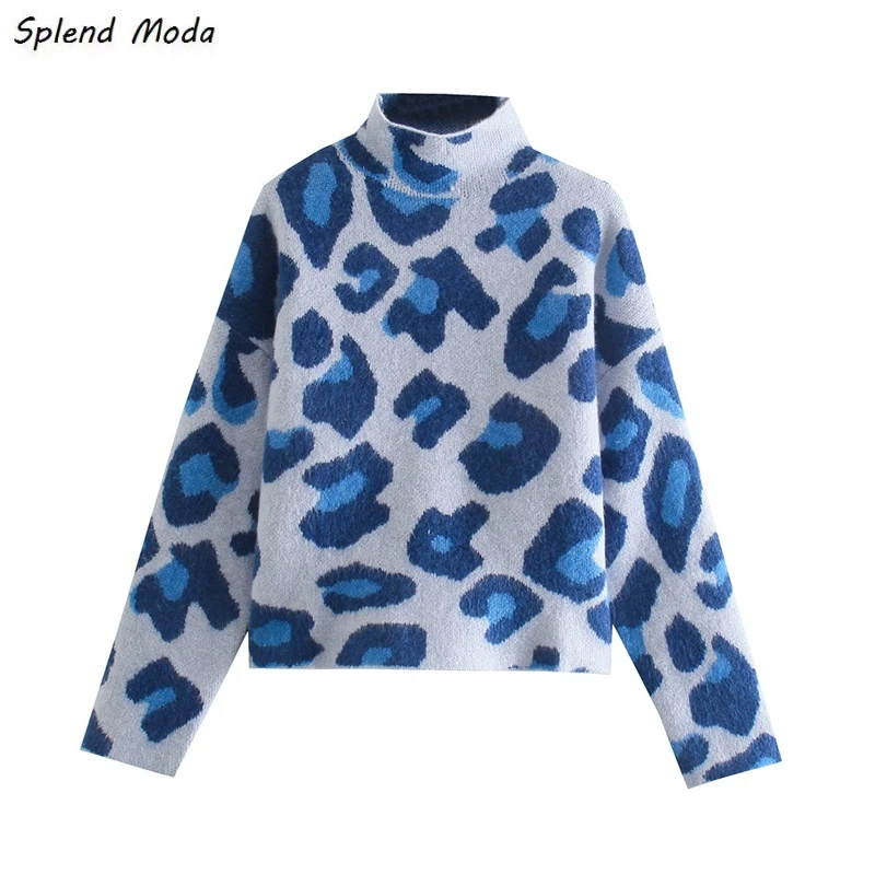 

Модная винтажная Повседневная Универсальная Женская водолазка Splend на осень и зиму, свободный Леопардовый жаккардовый свитер, пуловер для ж...