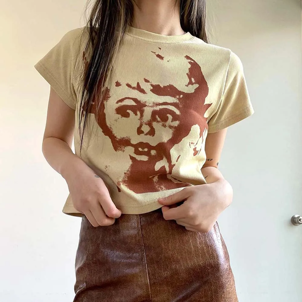 

Retro Head Print Contrast Color Loose Casual T-shirt Women Street Fashion Hot Girl All-match Small Top