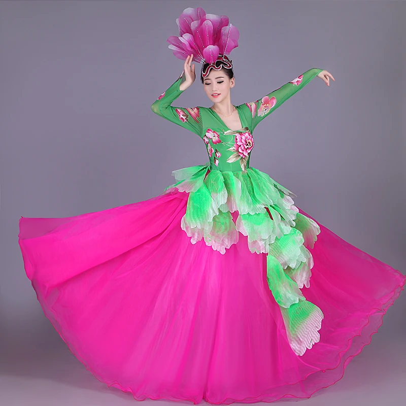 

Classical Dance Costume Peony Print Patchwork Ethnic Chinese Style Long Dress Stage Performance Suit Carnival Party Costume