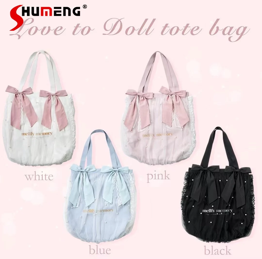 

Lolita Girl Pink Bows Handbags for Women Cute Kawaii Pearls White Hand Bag Ladies Sweet Anime Ruched Frills Top Handle Bags