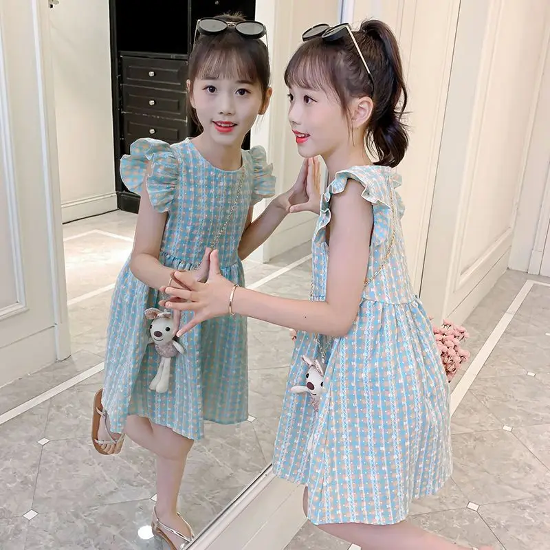 

2023 New Summer Girls Dress Fashion Sleeveless Plaid Kids Dresses Toddler Girls Princess Dress Cotton Children's Clothing K02