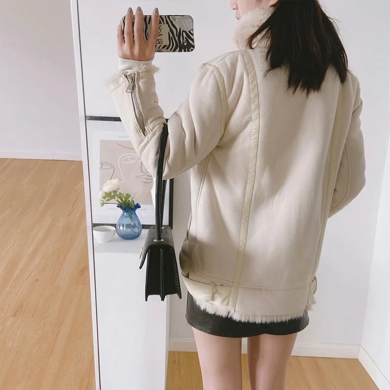 New Fur Lamb Hair Solid Patchwork Zipper Design Casual Jackets Women European and American Style Plus Velvet Double-sided Coats