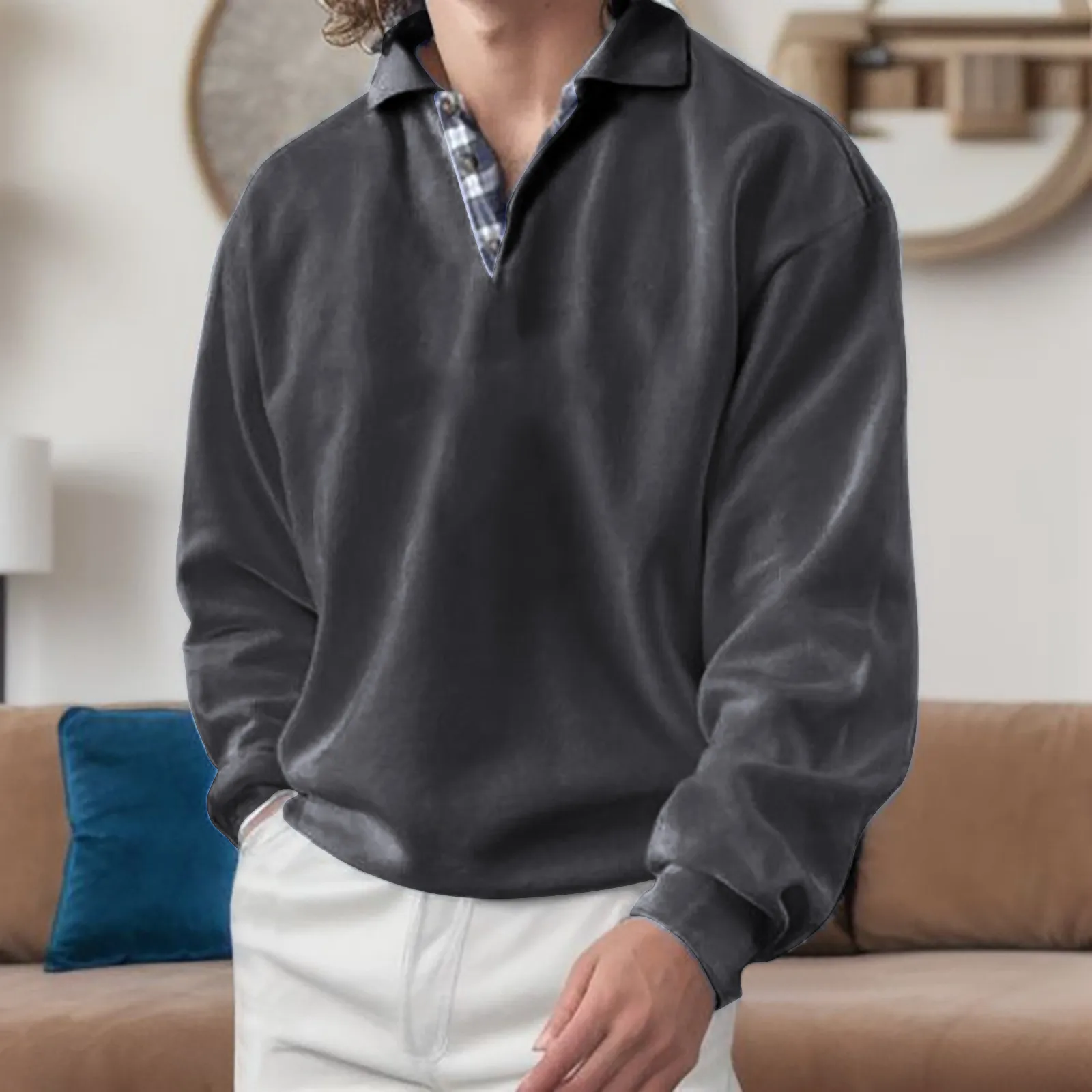 Свитшот мужской спортивный повседневный с длинным рукавом в клетку отложным