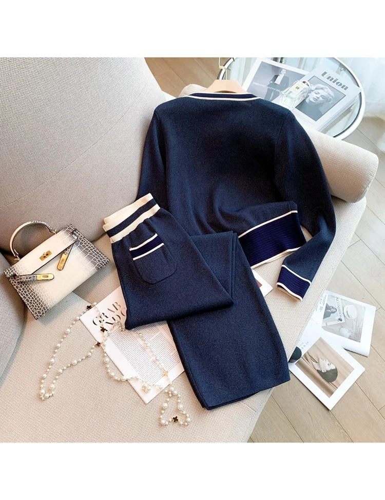 Женский трикотажный костюм в полоску Повседневный Кардиган с длинным рукавом и