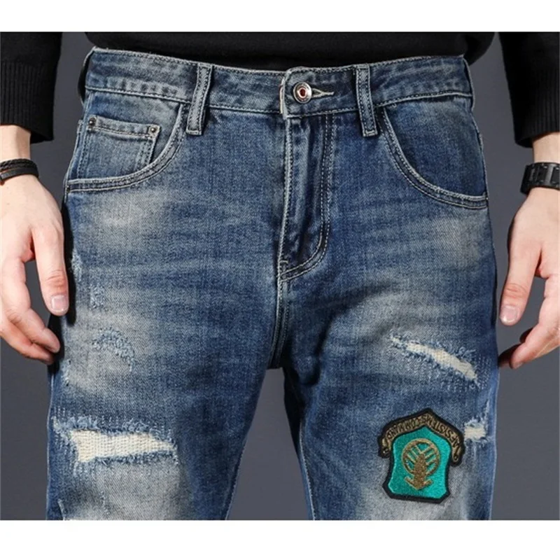 EH · MD Patch Stitched Jeans Men's Breathable Mesh Cloth Inner Lining Scraped Holes Pants Embroidered Soft Elastic Cat Claw Mark