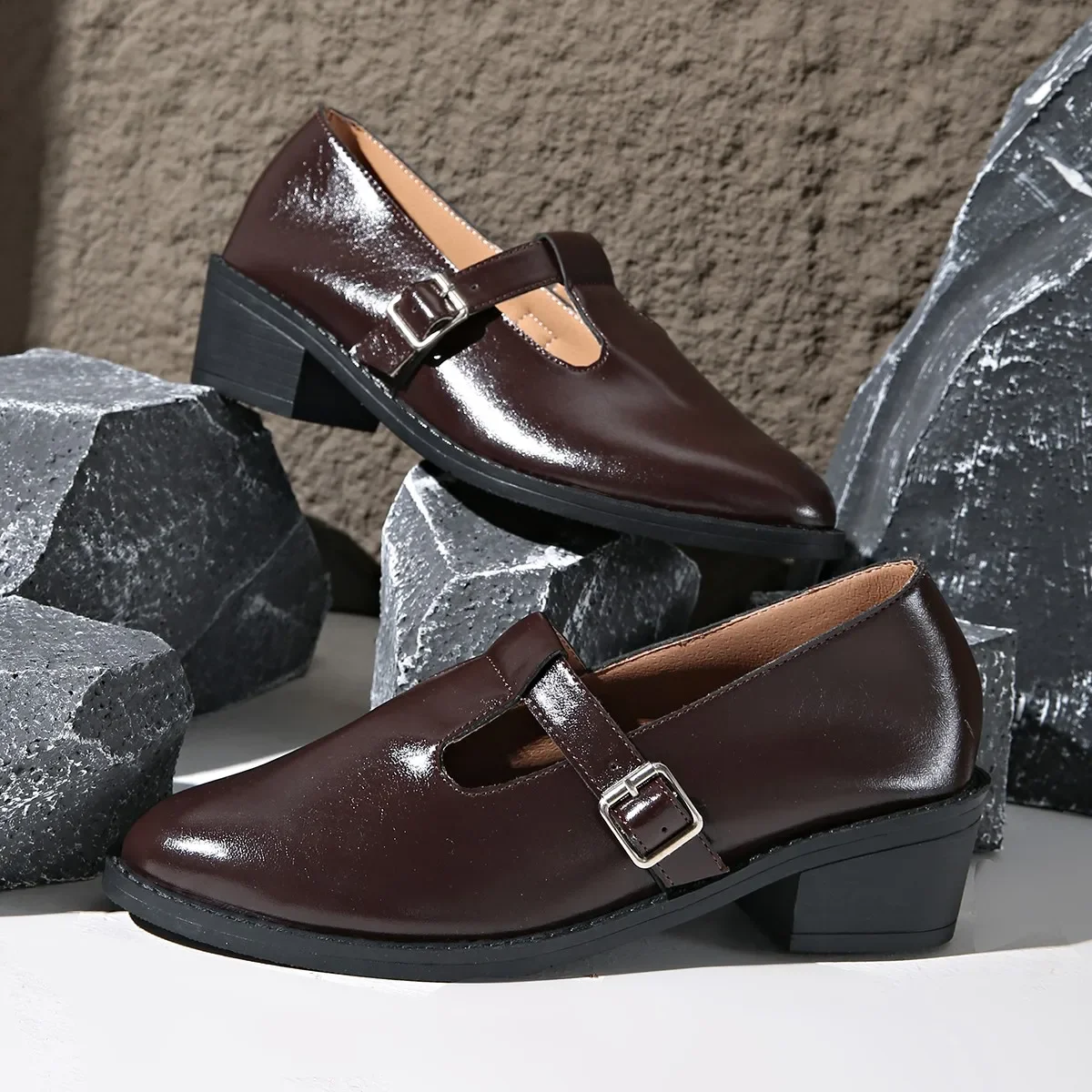 Retro Style Thick Heel Women Mary Jane Shoes Fashion Shallow Pointed Toe Ladies Comfort Office Pumps Footwear Banquet Comfortabl