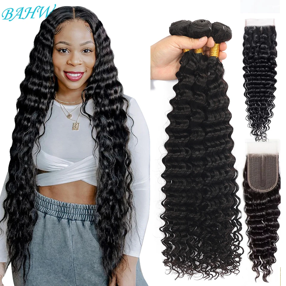 

Волнистые пучки с застежкой, бразильские кудрявые человеческие волосы с глубокой волной, пряди чка, переплетенные с HD-застежкой, 4x4x1 T часть, ...