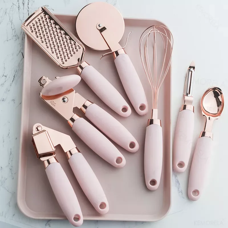 

7PC Rose Gold Kitchen Gadget Set Can Opener Potato Cooking High-End Garlic Press Pizza Cutter Kitchenware Tools Accessories Sets