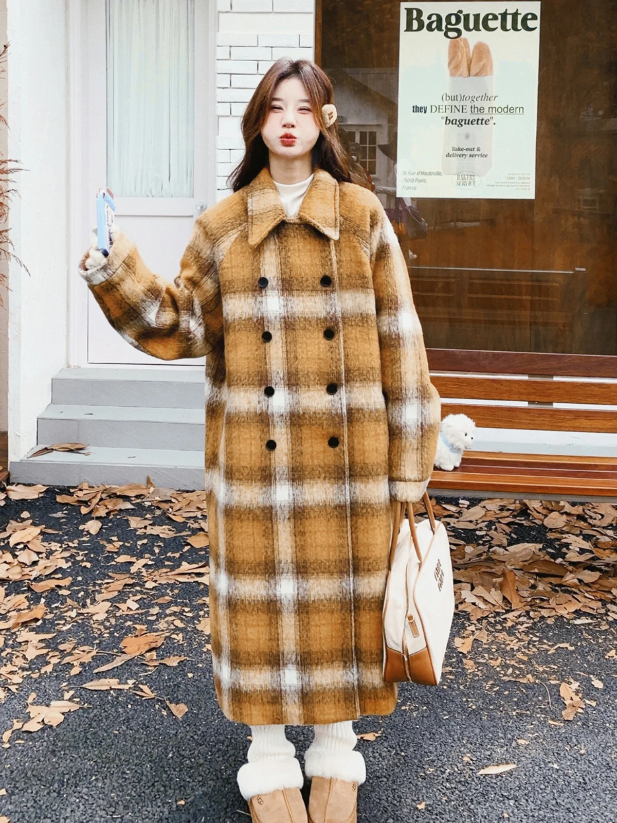 Yellow Plaid High-Grade Loose Woolen Coat Women 2024 Winter New Fashion Small Thickened Jacket