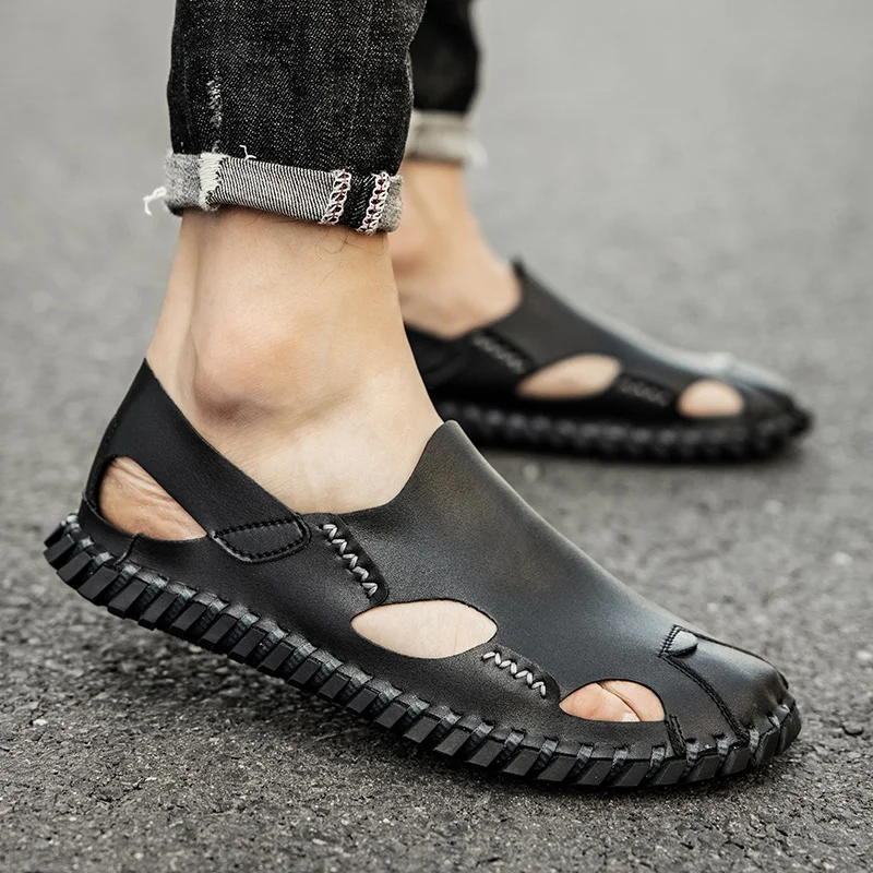 Fashion Beach Shoes Handmade Sandals Men's Breathable Flats Home Non-slip Leisure Slippers Plus Size 38-48