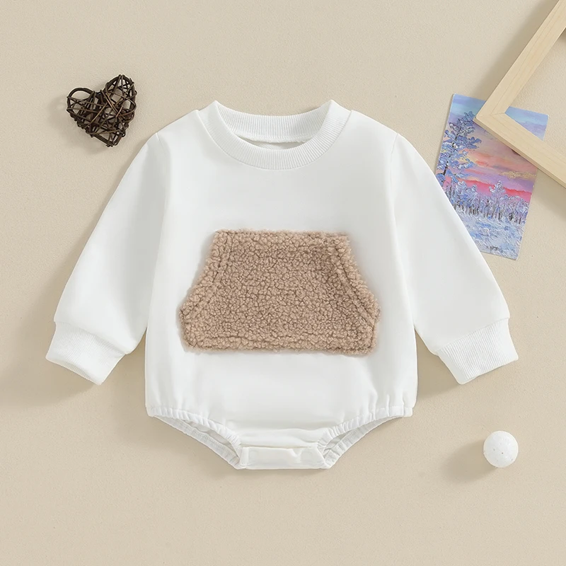 

BeQeuewll Infant Baby Girl Romper For Spring Long Sleeve Front Plush Patched Pocket Newborn Bodysuit for Spring Fall