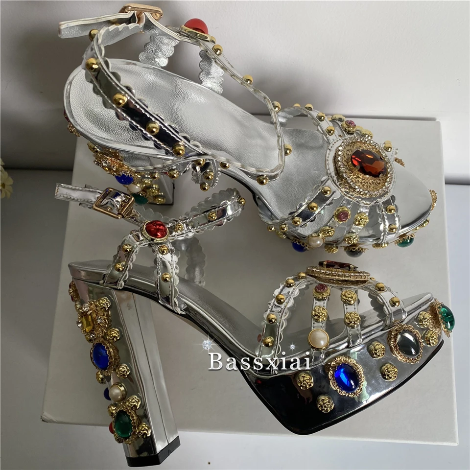 Luxury Diamond Chunky Heel Wedding Shoes Bridal High Platform Jeweled Rhinestone Ankle Strap Real Leather Sandals Women Summer images - 6