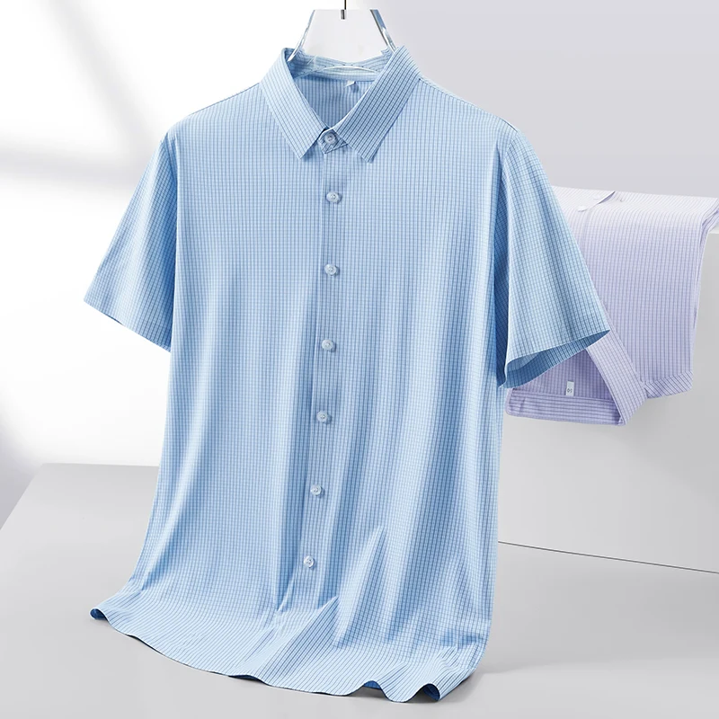 

Men's Short-Sleeved Shirt Summer Thin Casual Business Advanced Plaid Non-Ironing Ice Silk Loose Shirt Men
