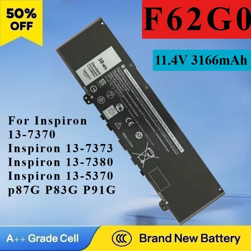 Фото F62G0 Аккумулятор 11,4 В, 3166 мАч, 38 Втч для Dell Inspiron 13 7373 7386 2 в 1 5370 7370 7380 P83G P87G Vostro 5370 P87G P83G P91G №1