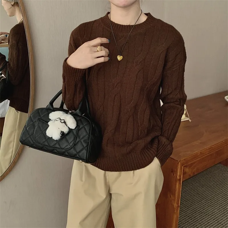 FINEWORDS винтажный зимний вязаный свитер с круглым вырезом женский корейский