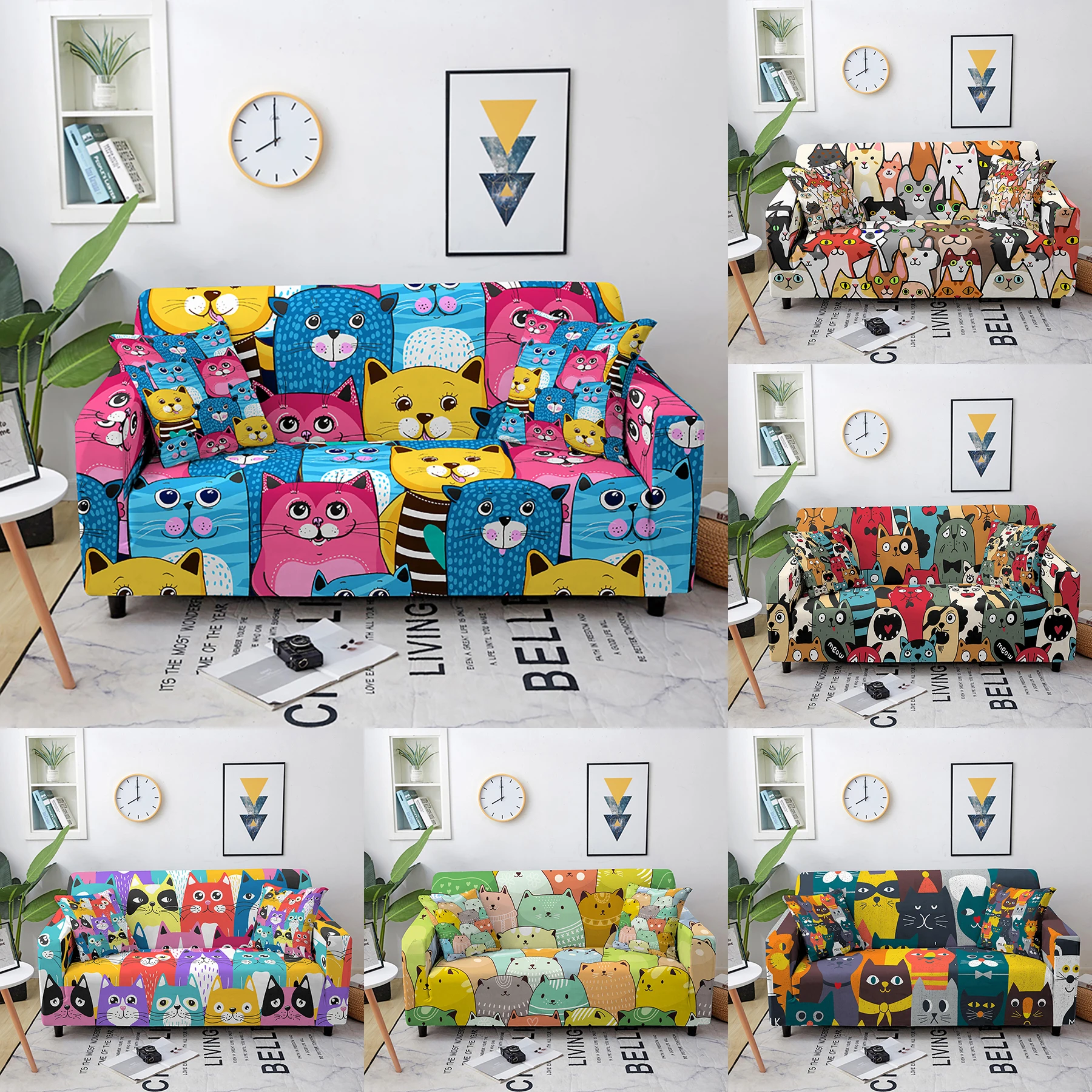 

Cute Cat Family Sofa Silpcover Sectional Fully-wrapped Corner Sofa Cover All-inclusive Elastic Sofa Protector for Living Room
