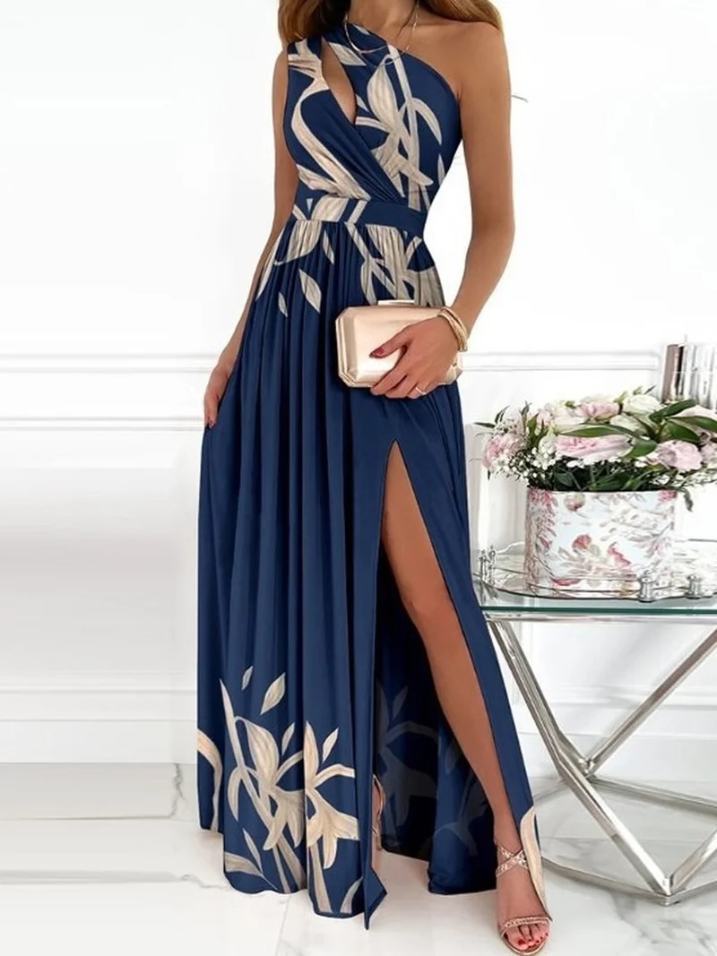 

Woman Dress Oblique Shoulder Cutout Air Quality Commuter High Slit Dress Long Skirt Party Dresses Women Evening