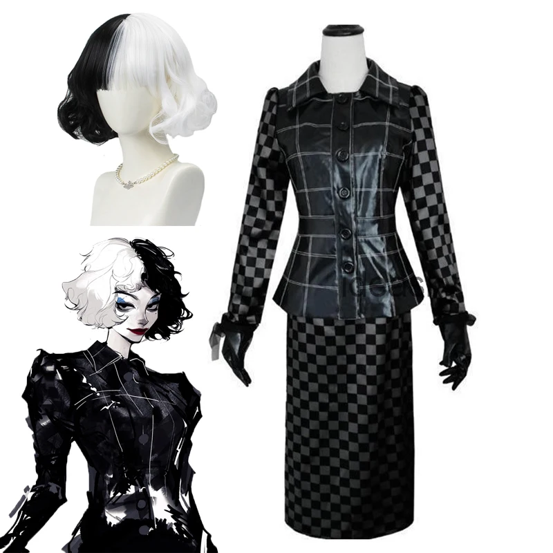 

Женский костюм для косплея Cruella De Vil, пикантный топ из искусственной кожи, юбка, черные костюмы в клетку, перчатки, юбка, наряды, наряды для рож...