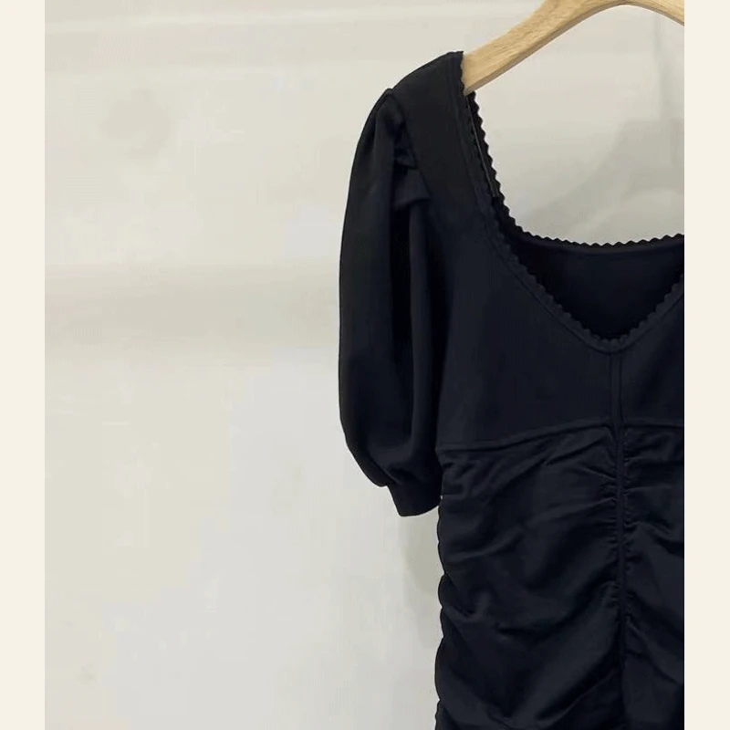 New Puff Sleeve Black Slim Knitted Dress Women 2023 Summer