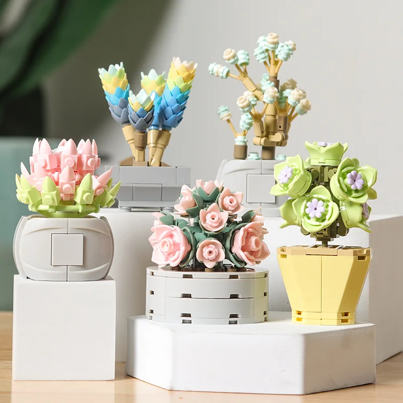 Mini maceta de bloques de construcción de flores suculentas, decoración de bonsái, modelo de flores, adornos, juguetes para niños, ladrillos, regalos de vacaciones