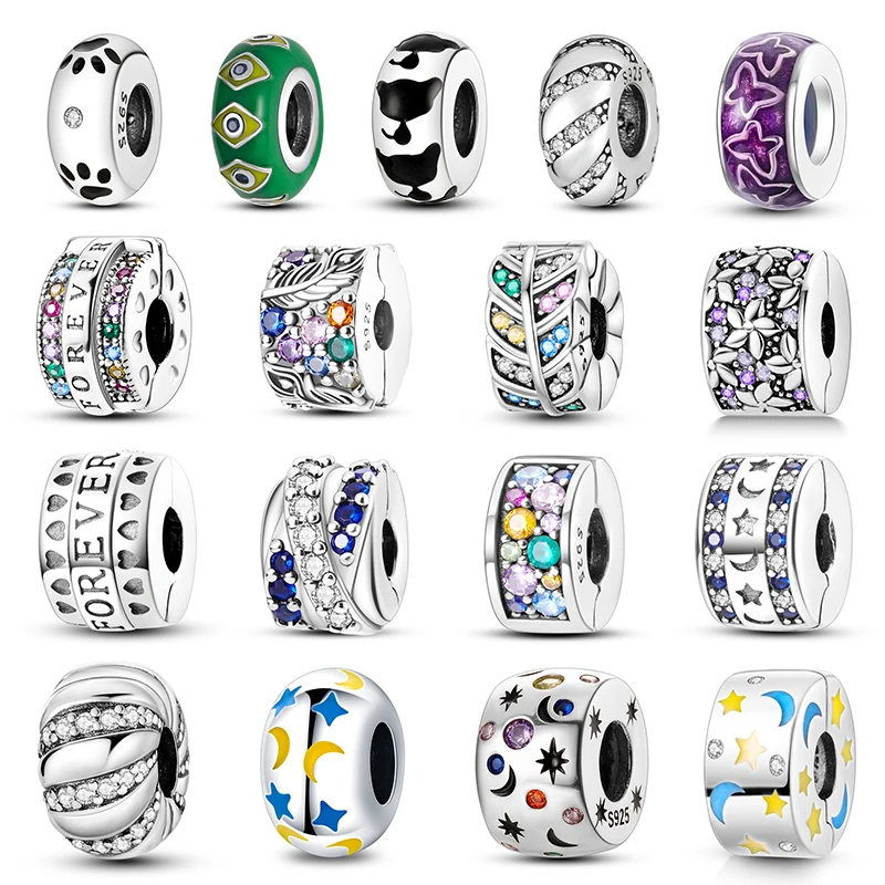 

Silicone Spacer Beads 925 Sterling Silver Colorful Stars Moon Zircon Charms Beads Fit Original Pandora Bracelet Fine DIY Jewelry